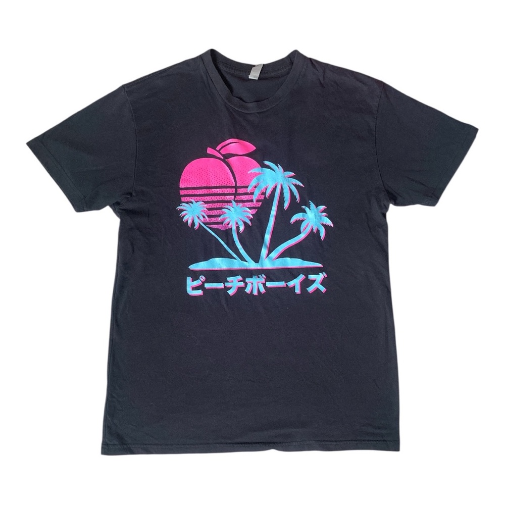 Vaporwave Peach Boy Graphic Black T-Shirt with Pink and Blue Design